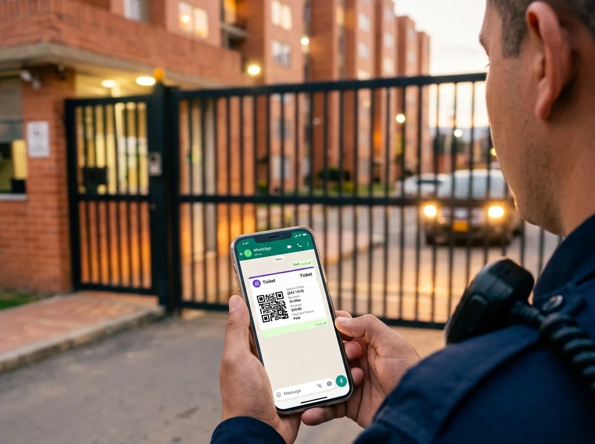 Guarda de seguridad enviando ticket digital de parqueadero por WhatsApp desde la app móvil