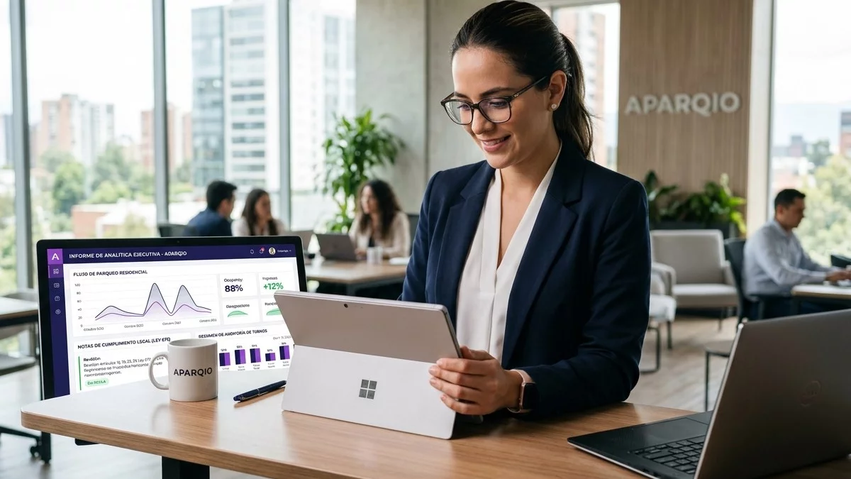 Equipo de Aparqio en oficina corporativa atendiendo a administradores y copropiedades