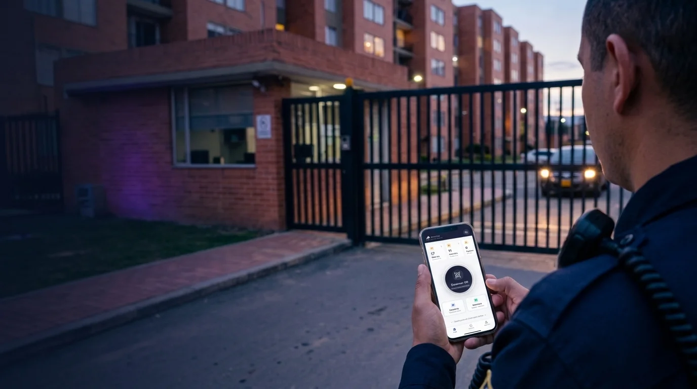 Guarda de seguridad operando la app móvil de Aparqio en portería