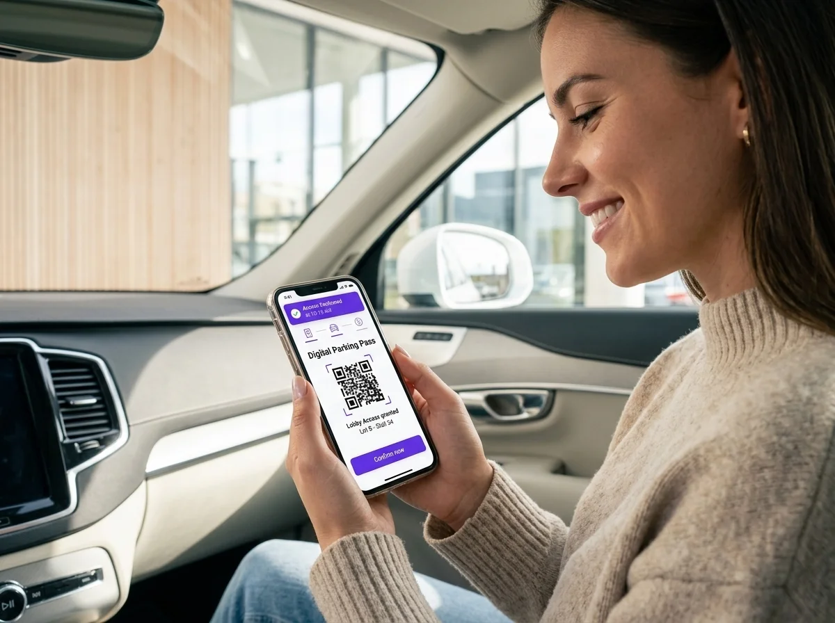 Residente recibiendo pase digital y notificación de parqueadero en su teléfono móvil