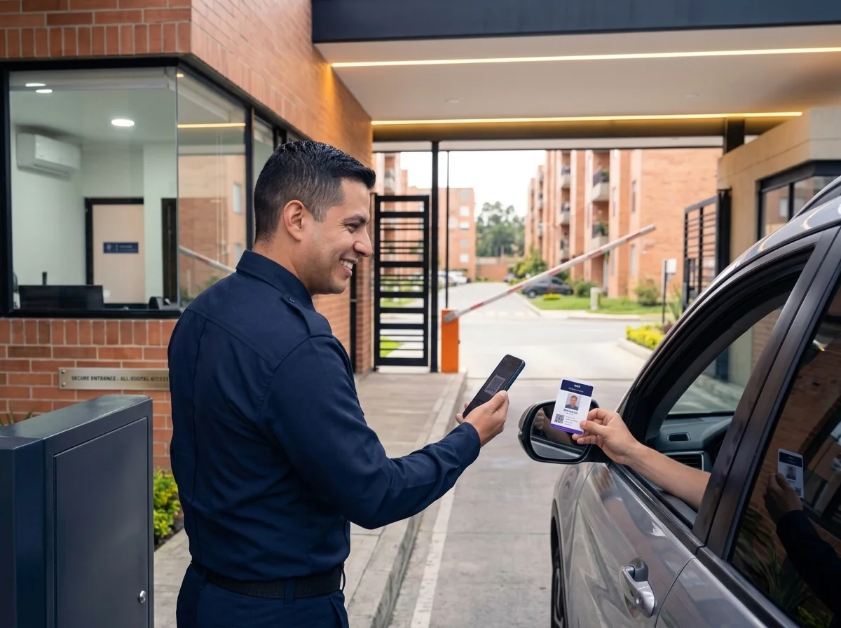 Guarda de seguridad validando accesos en portería sin libretas ni minutas de papel